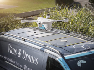 Matternet drone on top of Mercedes-Benz delivery van