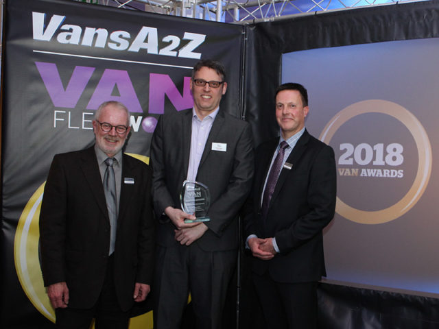 Dean Hedger picks up the award for Best Van Fleet Management, with Neil McIntee (left) and Dan Gilkes (right)