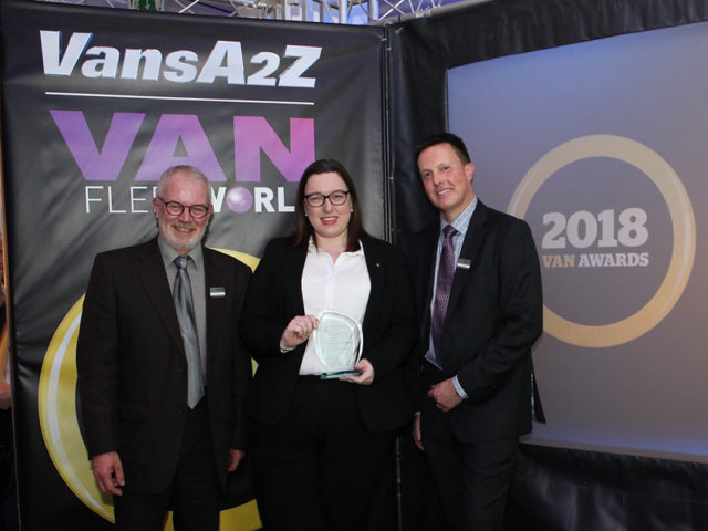 Kayleigh Robson picks up the award for Best Electric/Hybrid Van, with Neil McIntee (left) and Dan Gilkes (right)